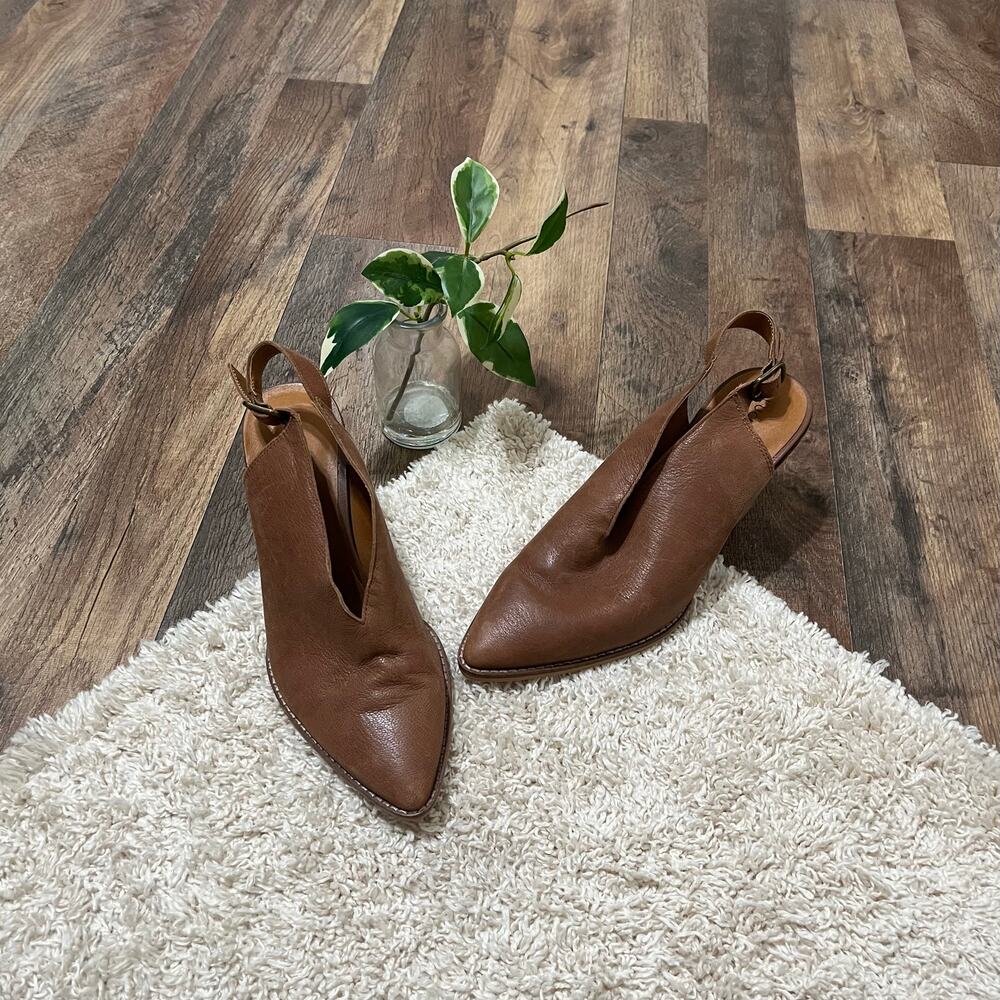 Lucky Brand 9 M Brown Leather Point Toe Aroyli Western Slingback Block Heels